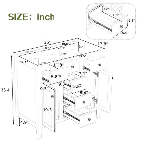 36" Bathroom Vanity without Sink with Two and Five